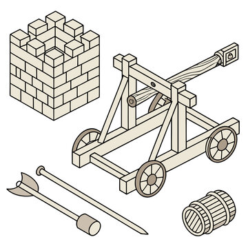 Isometric medieval siege equipment set with catapult and castle tower medieval catapult