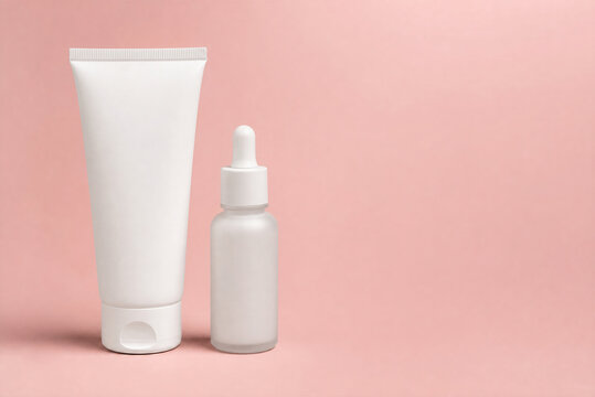 luxury facial cleanser and serum packaging mockup on pastel pink background