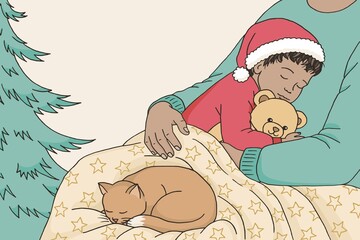 Child with Teddy Bear Sleeping in Parent's Arms at Christmas
