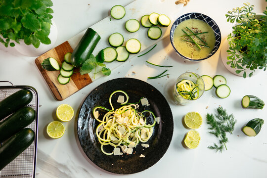 Zucchini spaghetti meal prep with fresh vegetables and zoodles