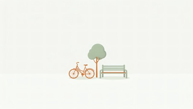 Minimalist flat vector illustration of park bench with stylized scene featuring bicycle leaning against bench beside small tree clean depicts simple stylized