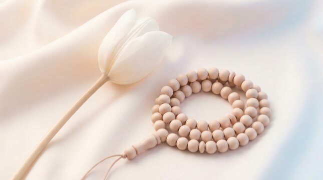 Prayer beads and white tulip on soft silk.