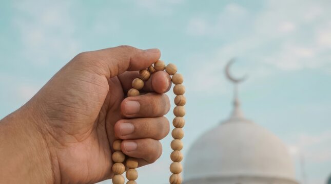 Hand holding wooden tasbih with mosque background