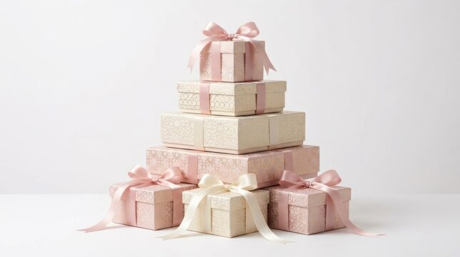 Elegant stack of pink and white gift boxes.