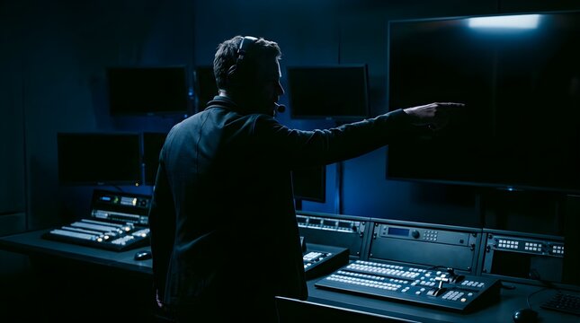 Professional broadcast engineer working in a dark television studio control room