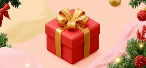 Obraz premium An isometric red gift box adorned with a gold ribbon, surrounded by subtle holiday decorations on a gentle pastel background.