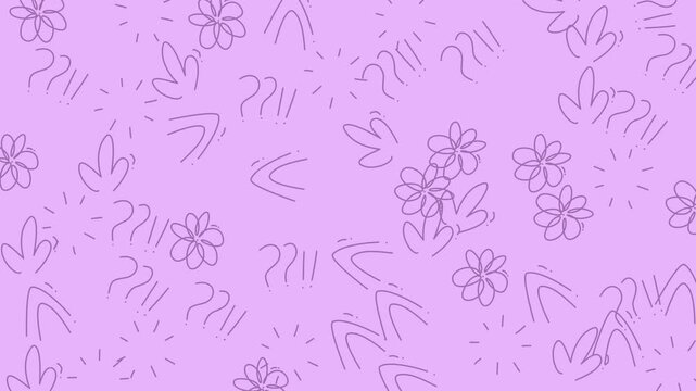 Flowers represent a delicate botanical pattern of hand-drawn floral sketches on a light violet background.
