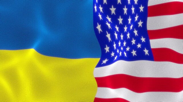 Ukraine vs USA flag wave animation on world map 4K. concept Geopolitics and Diplomacy, Economy and Financial Support.