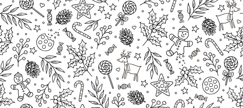 Black and White Christmas Colouring Style Seamless Banner