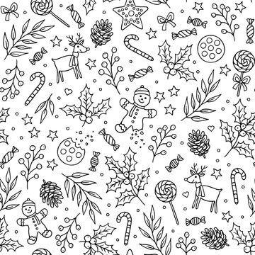 Black and White Christmas Colouring Style Seamless Pattern