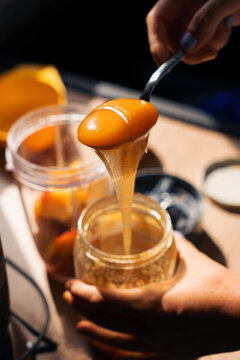 Adding Honey to Fresh Fruit Smoothie Ingredients