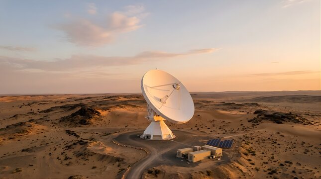 Satellite dish antenna in a vast desert landscape during sunset