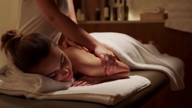woman receiving a relaxing massage on a spa table with towels and essential oils in a serene setting with wooden surfaces and textiles, side view of the woman lying on her back.
