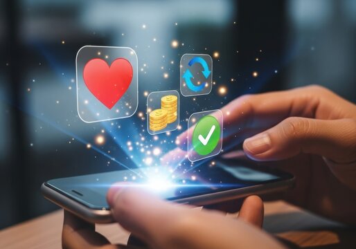 Mobile Application Interaction: A close-up of hands holding a smartphone, with digital icons of a heart, coins, and a checkmark glowing and interacting with the screen.