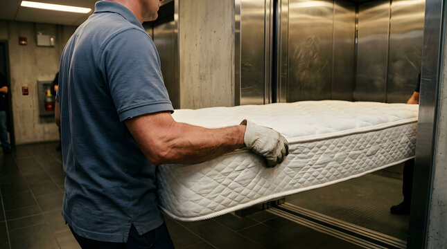 Professional movers loading mattress into elevator | Residential relocation services and heavy furniture moving | Moving company workers transporting bedding in apartment building 