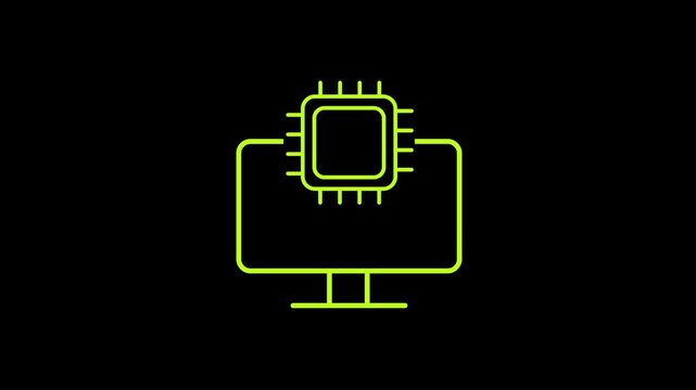 Computer CPU Microchip Hardware Icon. Animated desktop computer monitor display integrated with microchip processor representing hardware computing power symbol icon animation.