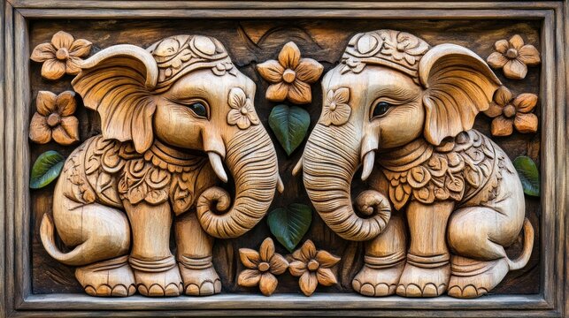 Wooden carving of two elephants