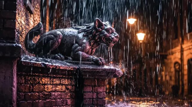 Spooky stone creature statue crouching on brick wall in dark rainy alley illuminated by street lamps on a moody halloween night