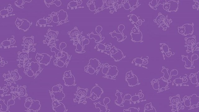 Cats display a repeating pattern of whimsical feline sketches arranged across a vibrant purple background.
