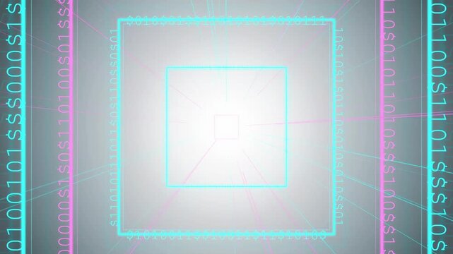 Abstract digital technology background with glowing neon squares and scrolling binary code data streams
