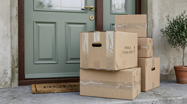 Moving boxes stacked outside front door | New home delivery and relocation service | Cardboard boxes on house threshold with welcome mat | Residential moving day concept with packed parcels