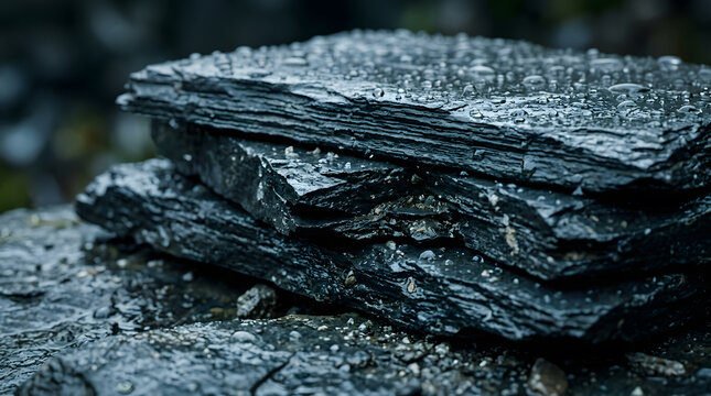 Wet slate rock texture close up|Stacked natural stone slabs after rain|Dark gray layered schist background|Rain droplets on flagstone surface|Macro photography of sedimentary rock layers