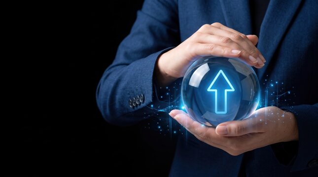 Business growth and success, professional holding glowing sphere with upward arrow symbol, corporate strategy, financial profit increase, career development