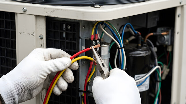 professional hvac technician repairing air conditioner | electrical wiring maintenance on outdoor ac unit | close up of hvac contractor hands with pliers | heating and cooling system troubleshooting