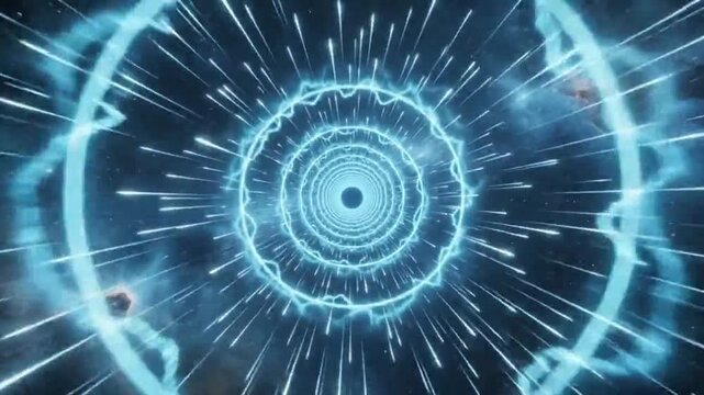 Speed motion through a circular cyan portal with particle shockwaves representing futuristic portal, cyber tunnel, and data gateway concept