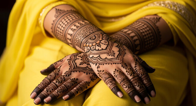 Intricate traditional Indian henna mehndi art on hands of a woman wearing yellow ethnic attire for a wedding