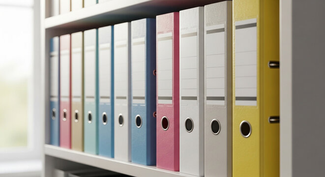 Row of colorful lever arch files and ring binders on a white office shelf for document storage and organization