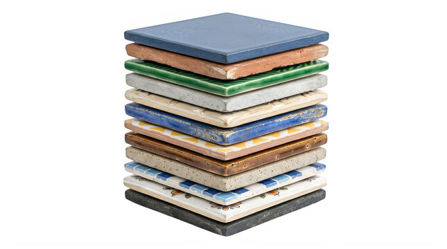 Stack of colorful ceramic tiles with varied patterns isolated on transparent background