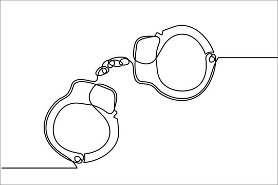 Single continuous line art of handcuffs, conceptual metaphor for imprisonment and control, hand drawn illustration

