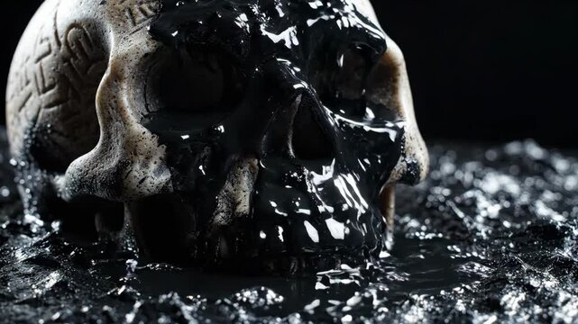 Spooky human skull covered in thick black viscous liquid for a dark cinematic Halloween horror atmosphere with gothic textures and moody shadows