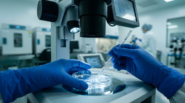 Embryologist working with microscope | IVF laboratory micromanipulation process | Intracytoplasmic sperm injection ICSI procedure | Fertility clinic medical technology