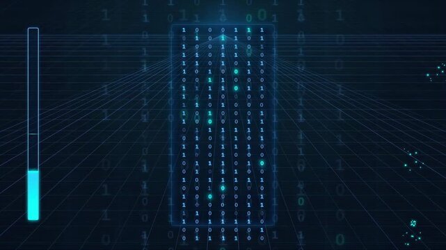 Abstract digital data processing animation with binary code and blue loading progress bar