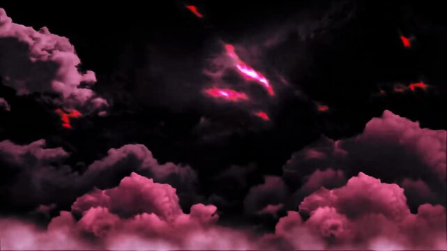 Dramatic pink lightning storm above glowing clouds, creating an intense fantasy atmosphere for cinematic backgrounds, supernatural scenes, and visual effects.