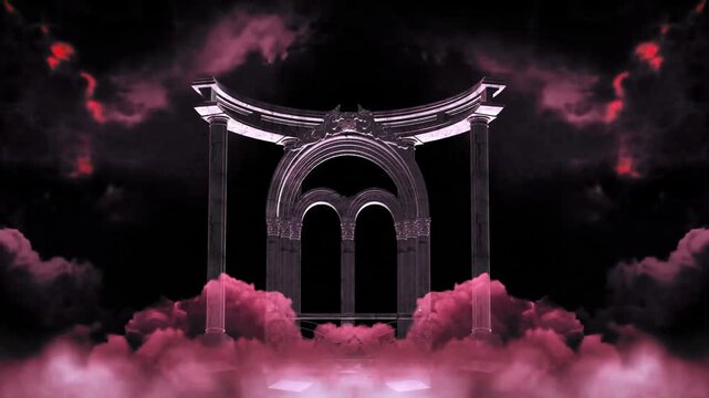 Dark gothic temple arch surrounded by glowing pink clouds, creating a dramatic fantasy atmosphere for cinematic backgrounds, fantasy visuals, and motion graphics.