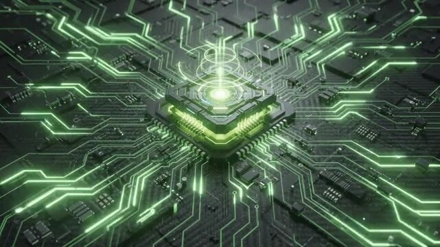 Isometric view of a dark carbon fiber circuit board with glowing green digital traces representing AI computer processor and hardware technology