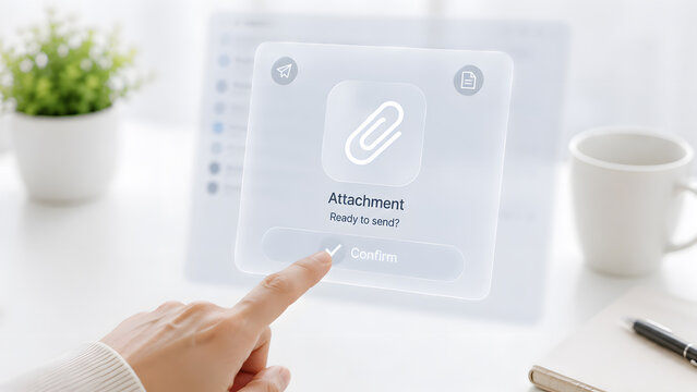 Hand touching email attachment interface on virtual screen, representing file upload, document sharing, digital data transfer, email communication, and attachment management