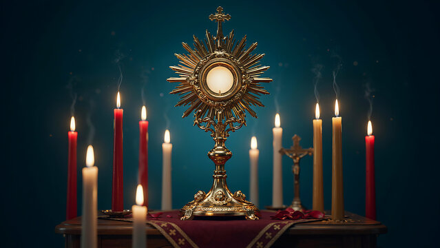 Golden catholic monstrance with lit candles on an altar for eucharistic adoration in a dark room