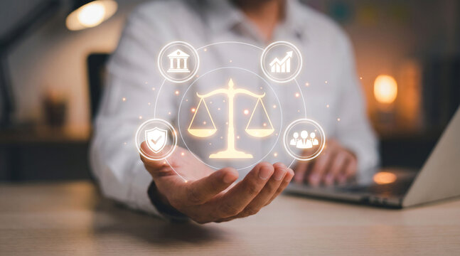 Professional lawyer holding digital holographic law icons representing justice balance legal compliance and litigation services in a modern corporate office setting