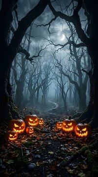 Spooky glowing jack o lanterns on a dark path in a misty haunted forest at night