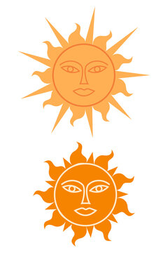 Decorative collection of stylized sun illustrations with expressive faces and radiant rays. Celestial boho drawing for astrology, spiritual designs, posters, greeting cards, wall art, crafts. High-res