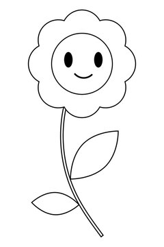 Cute smiling flower outline illustration for coloring pages, printable worksheets, preschool crafts, kids activities, nursery decor and spring projects. Black line art PNG clipart. High resolution 