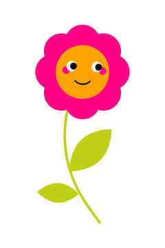 Cute smiling pink flower with a bright yellow face, green curved stem and leaves. Cheerful botanical illustration for children&rsquo;s designs, nursery decor, stickers, greeting cards, crafts. High-res PNG