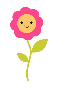 Cute cartoon flower PNG with a bright yellow face, green curved stem and leaves. Colorful character clipart for kids, nursery decor, stickers, crafts, classroom projects, invitations, greeting cards
