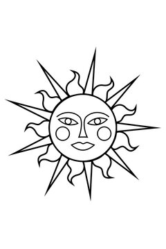 Hand drawn sun face outline with decorative rays, perfect for coloring pages, astrology artwork, celestial posters, printable worksheets, tattoos, stickers and boho designs. High-res PNG