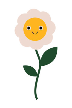 Simple cute flower illustration with smiling face, soft petals and green leaves. Ideal for kids crafts, coloring pages, preschool worksheets, nursery decor, stickers and spring designs. High-res PNG 