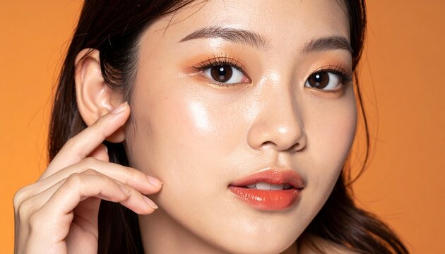 日本人10代美女・美肌クローズアップ・指先頬タッチ・オレンジ背景・美容広告 / Japanese Teenage Beauty Close-Up &mdash; Oval Face, Large Gentle Eyes, Fingers on Cheek, Orange Background, Beauty Ad
